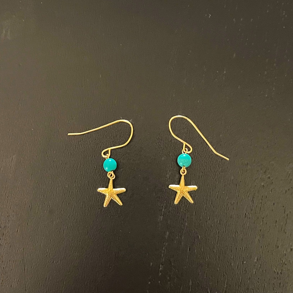 Gold and turquoise starfish earrings. 14 carat gold